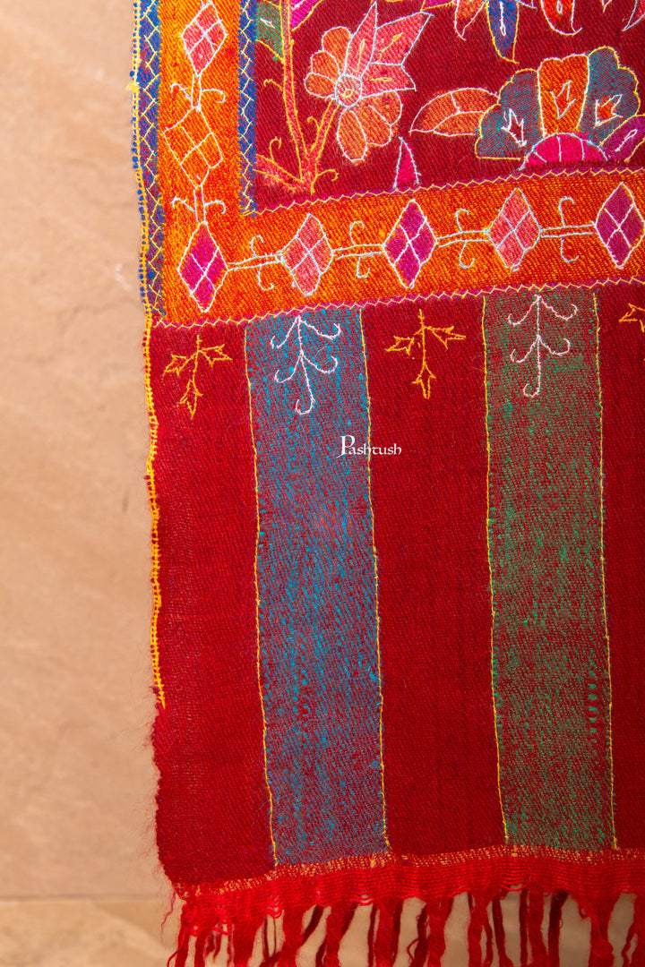 Pashtush Shawl Store Womens Shawls Pashtush Women’s Pure Pashmina Outline Kani Jamawar Shawl, Maroon Handwoven Kani with Delicate Outline Embroidery