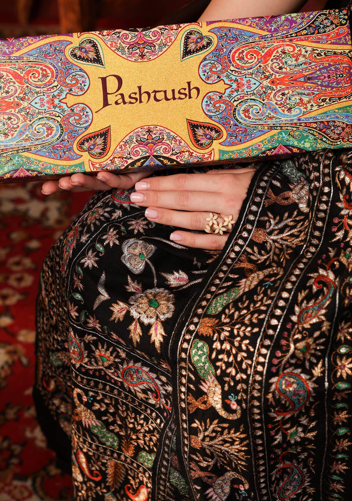 Pashtush India 100x200 Pashtush Women's Pure Pashmina With Pure Tilla Work, Garden Of Paradise Aesthetic, Black