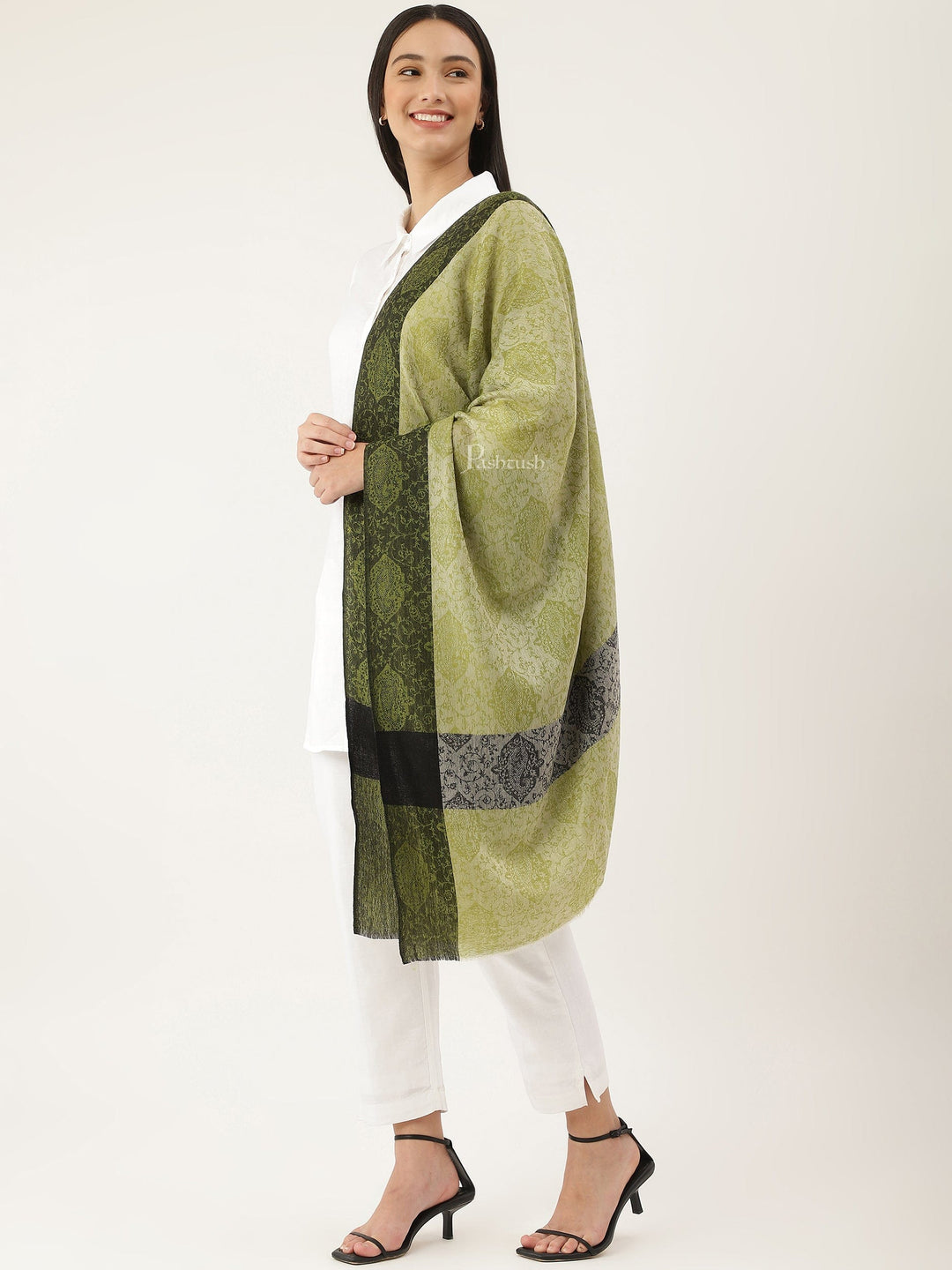 Pashtush India Womens Stoles and Scarves Scarf Pashtush Women's Reversible Stole, With Paiseley Weave, Green