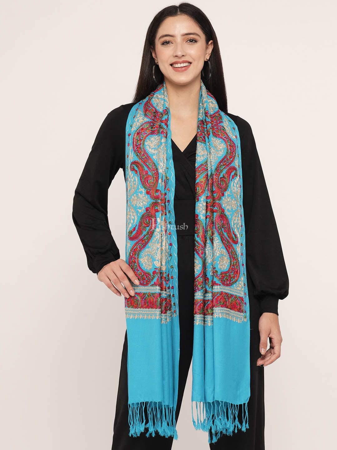 Pashtush India Womens Stoles and Scarves Scarf Pashtush Women'S Silk Wool Hand Embroidery Stole, Extra Soft