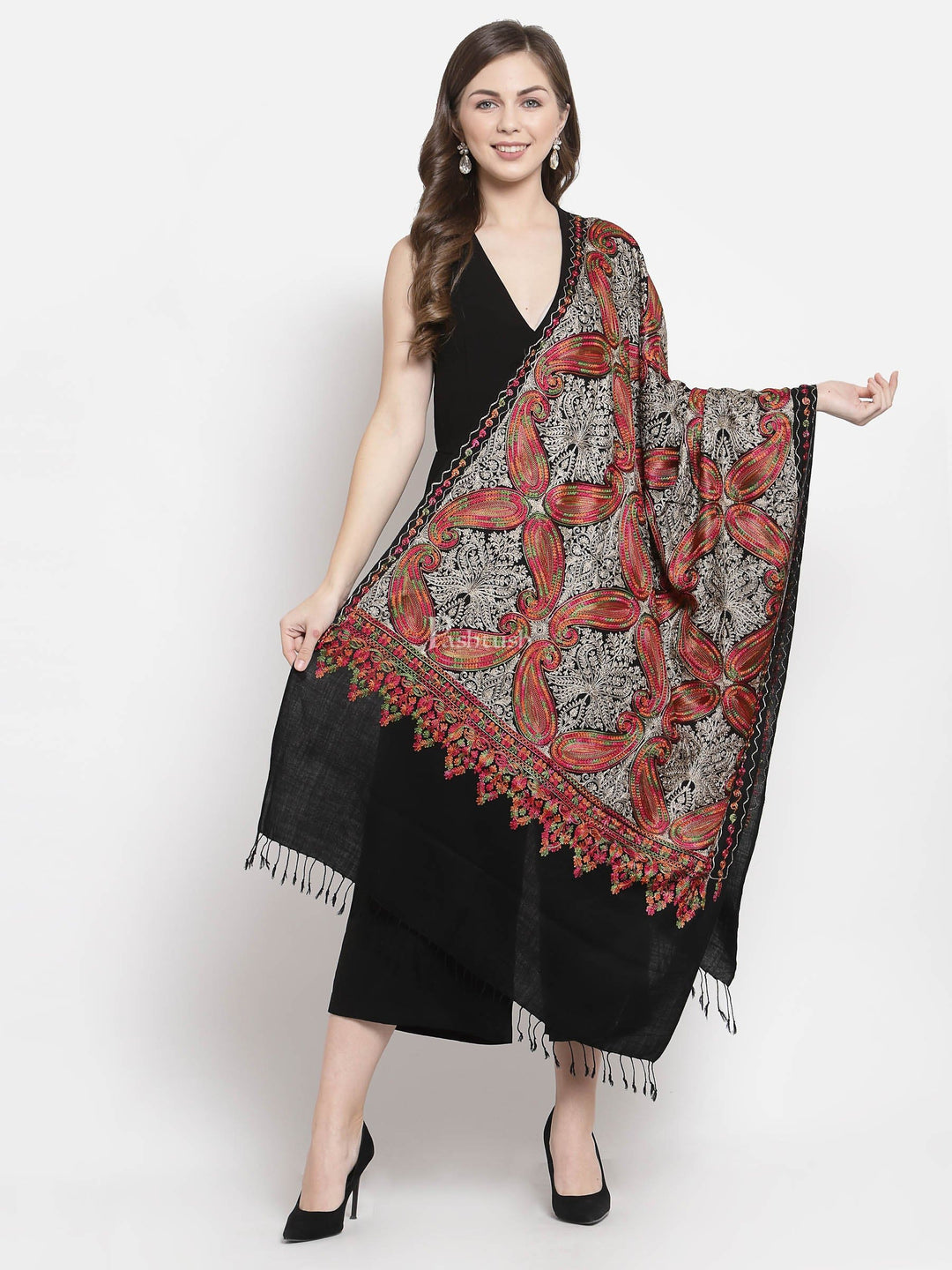 Pashtush India Womens Stoles and Scarves Scarf Pashtush Women'S Silk Wool Hand Embroidery Stole, Extra Soft Black
