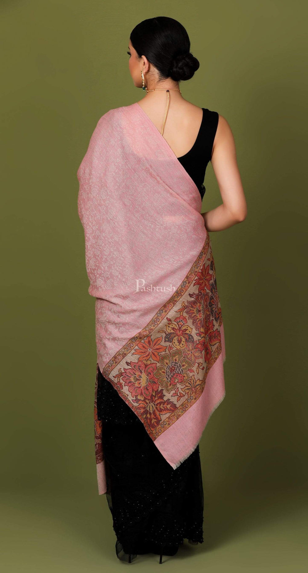Pashtush India 70x200 Pashtush Women's Silk-Wool Reversible Floral Scarf, Soft and Warm (Powder pink)