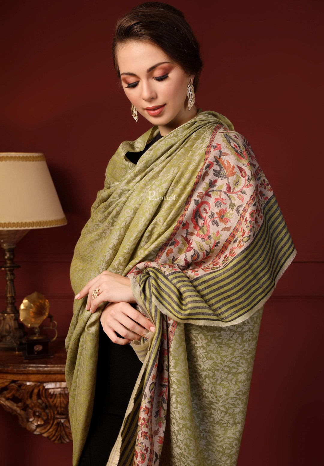 Pashtush India 100x200 Pashtush Women's Soft Wool Cashmere Blended Shawl, Kaani Palla, Green