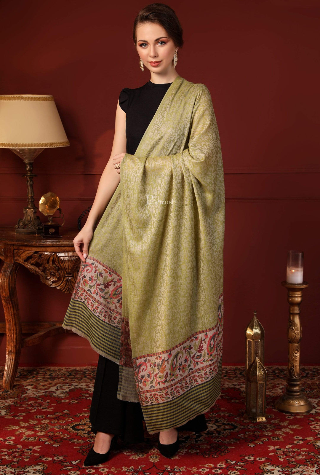 Pashtush India 100x200 Pashtush Women's Soft Wool Cashmere Blended Shawl, Kaani Palla, Green