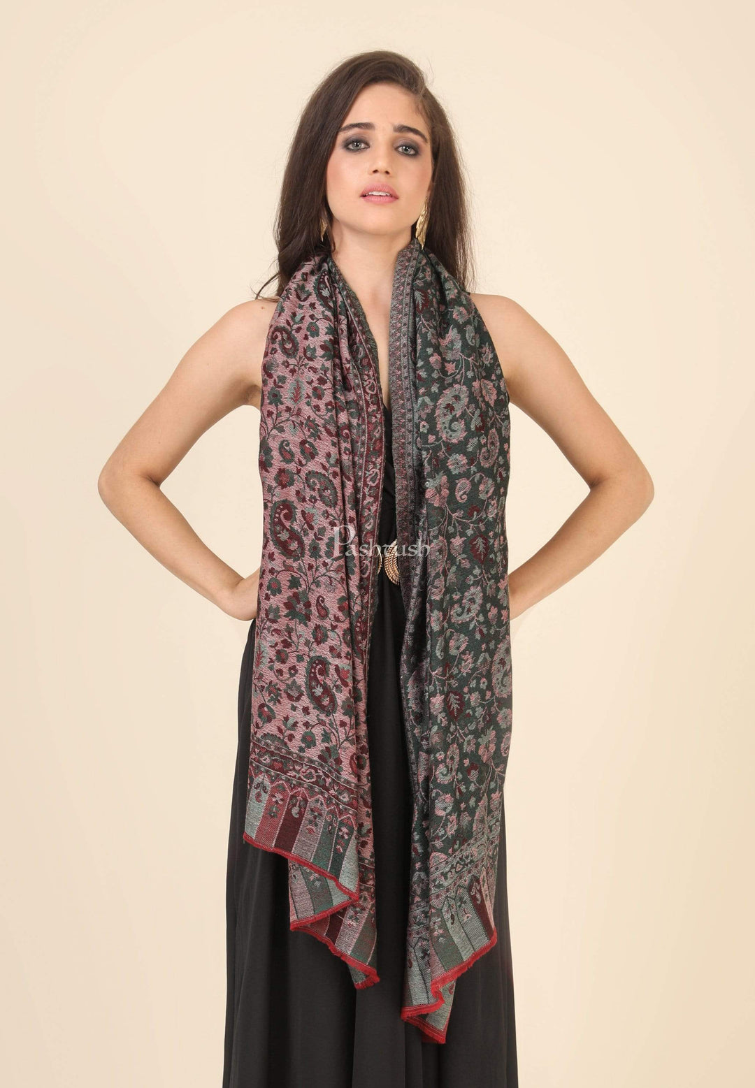 Pashtush India 70x200 Pashtush Women's Soft Wool, Reversible Stole, Scarf, Ethnic Weave