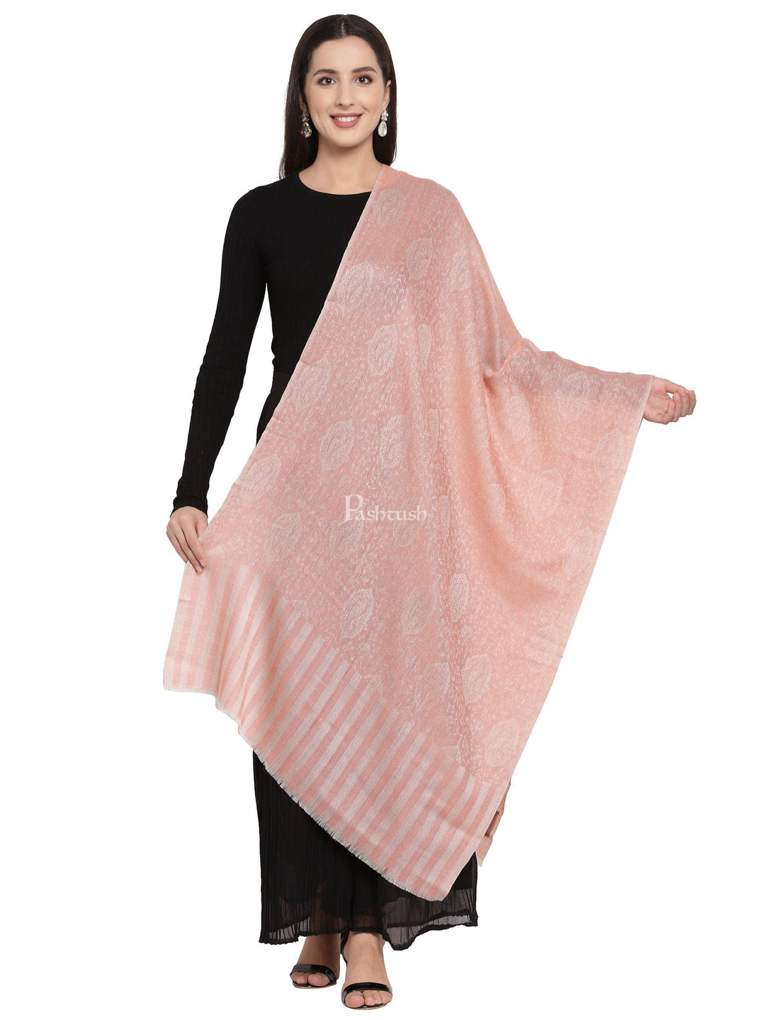 Pashtush India Womens Stoles and Scarves Scarf Pashtush Women'S Soft Wool, Reversible Stole Scarf, Paisley Weave, Salmon Colour