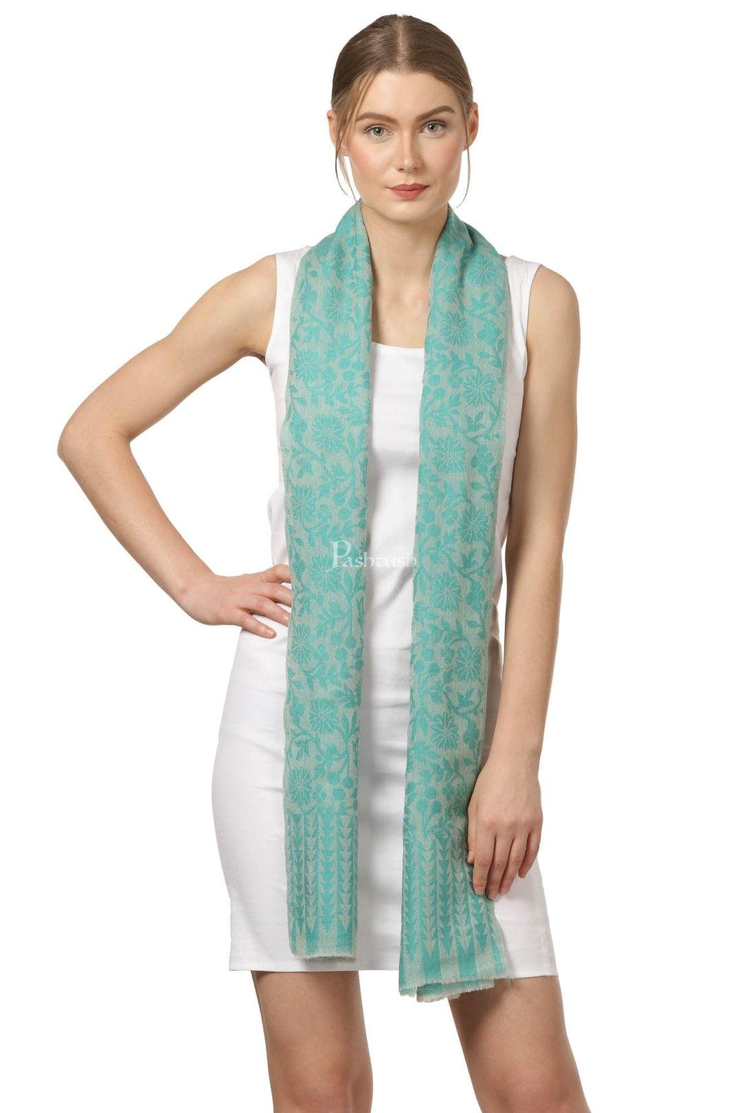 Pashtush India Womens Stoles and Scarves Scarf Pashtush Women'S Wool Self Reversible Scarf Floral Jacquard Design, Arabic Sea Green