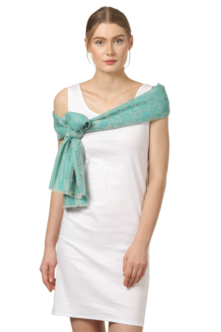Pashtush India Womens Stoles and Scarves Scarf Pashtush Women'S Wool Self Reversible Scarf Floral Jacquard Design, Arabic Sea Green