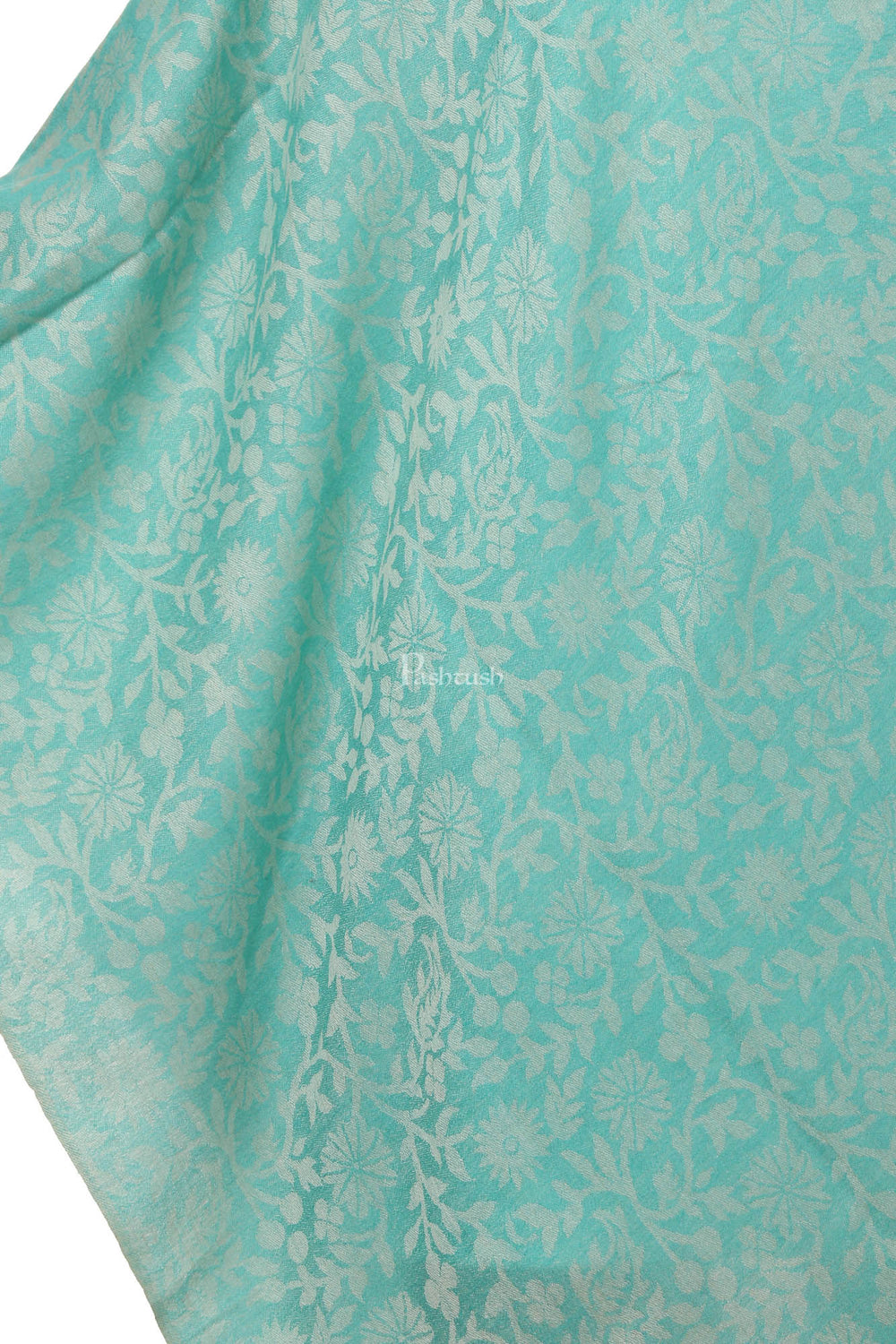 Pashtush India Womens Stoles and Scarves Scarf Pashtush Women'S Wool Self Reversible Scarf Floral Jacquard Design, Arabic Sea Green