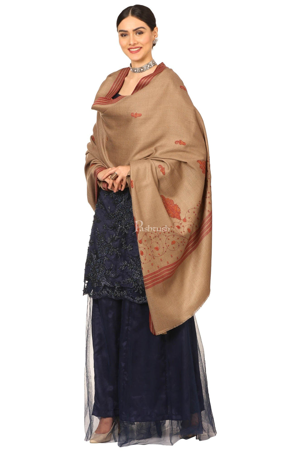 Pashtush India Womens Shawls Pashtush Women'S Wool Shawl With Embroidery (Taupe , Large Size)