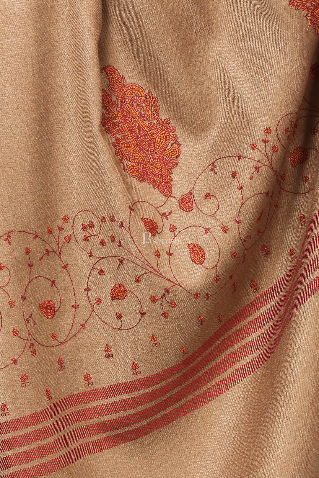Pashtush India Womens Shawls Pashtush Women'S Wool Shawl With Embroidery (Taupe , Large Size)