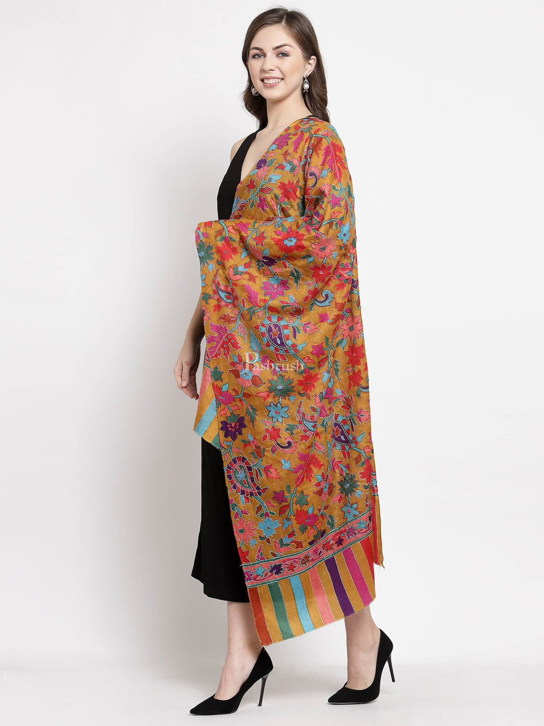 Pashtush India Womens Stoles and Scarves Scarf Pashtush Womens 100% Hand Embroidered Kalamkari Stole, Fine Wool, Sunflower Hues