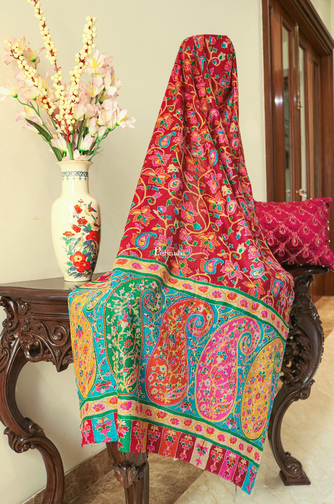 Pashtush India Womens Shawls Pashtush Womens 100% hand embroidery kalamkari stole, multicolour