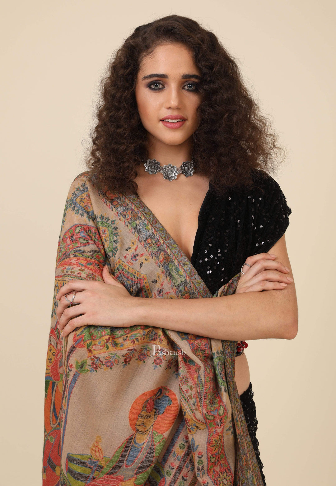 Pashtush India 100x200 Pashtush Womens 100% Pure Wool Darbar Design Shawl, With Woolmark Certification