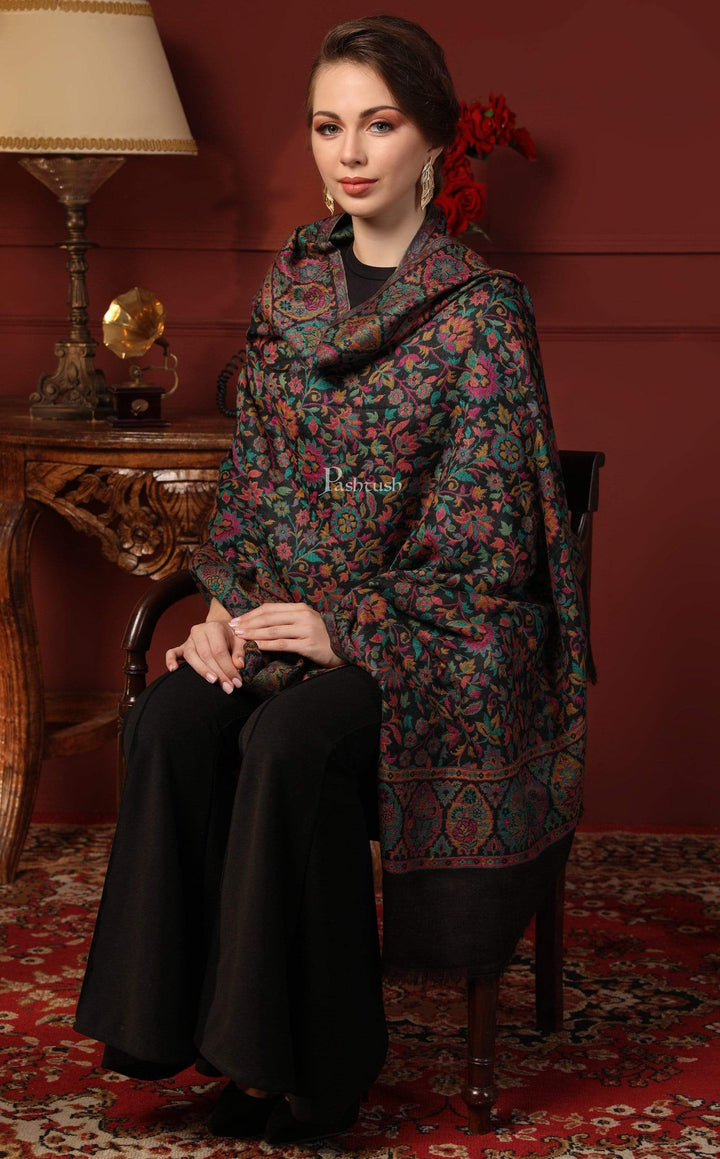 Pashtush India 100x200 Pashtush Womens 100% Pure Wool Kaani Weave Shawl, Soft and Warm, With Woolmark Certificate black