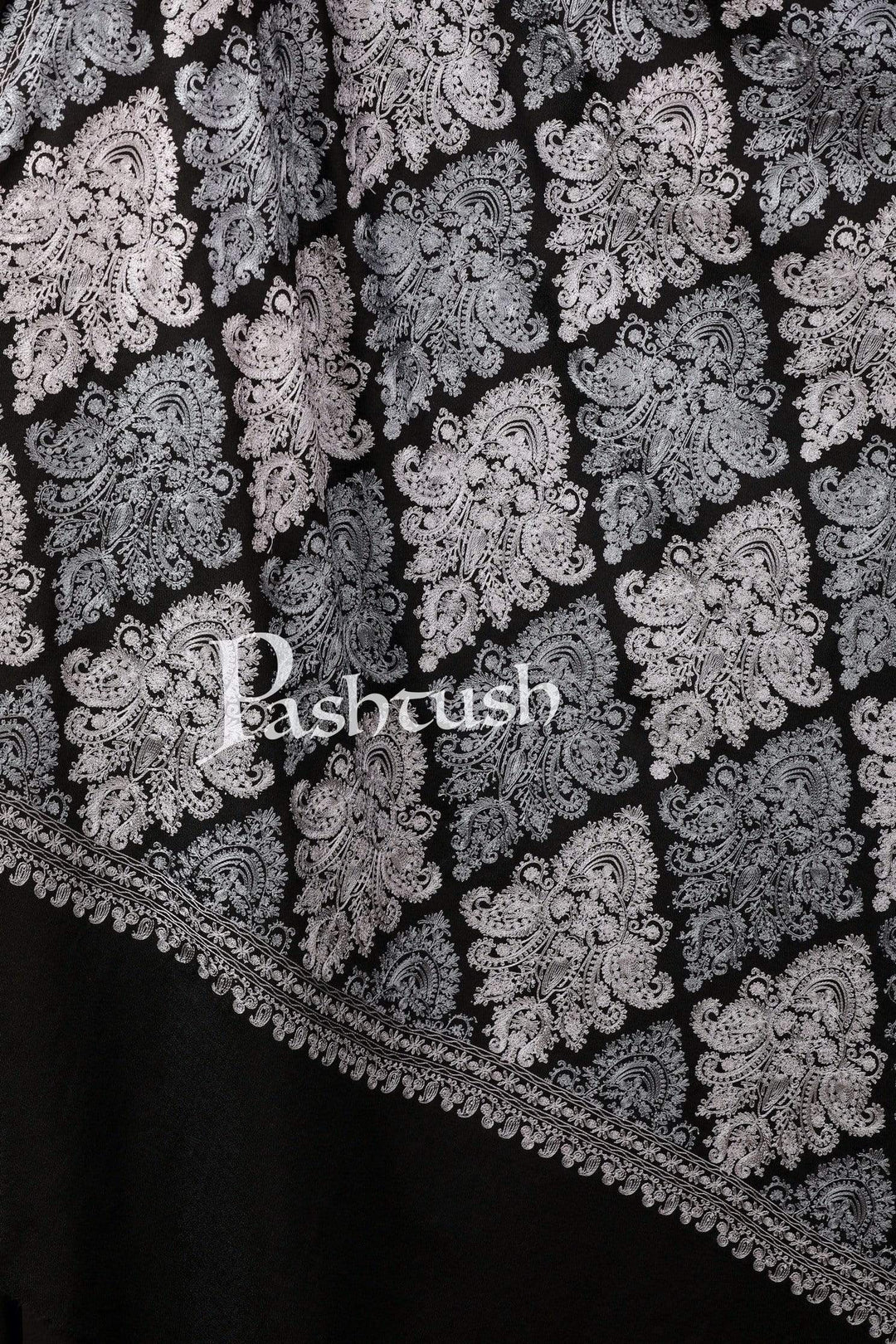 Pashtush India 100x200 Pashtush Womens 100% pure wool Nalki Embroidery Needlework Shawl, Black( woolmark )