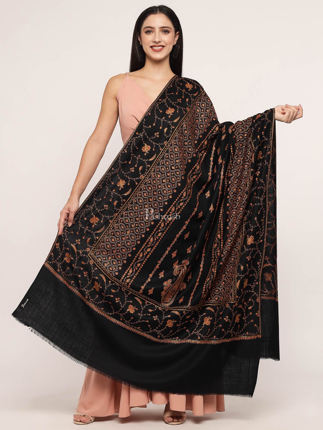 Pashtush India Womens Shawls Pashtush womens 100% Pure Wool with Woolmark Certificate shawl, 100% hand embroidery design, Black