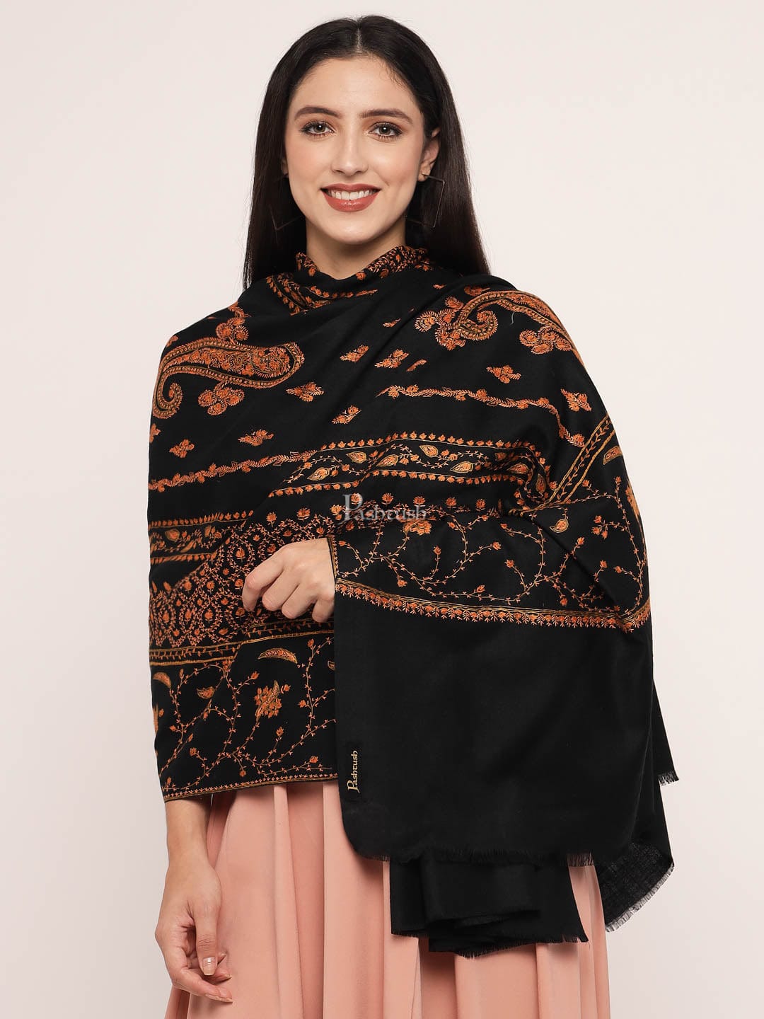 Pashtush India Womens Shawls Pashtush womens 100% Pure Wool with Woolmark Certificate shawl, 100% hand embroidery design, Black