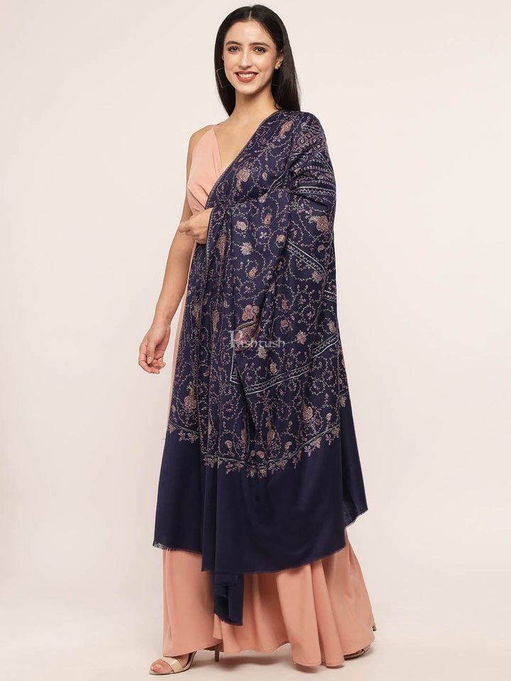 Pashtush India Womens Shawls Pashtush womens 100% Pure Wool with Woolmark Certificate shawl, 100% hand embroidery  design, Blue