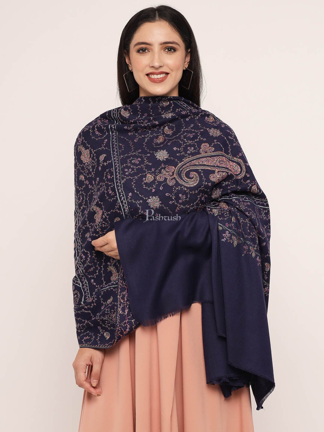 Pashtush India Womens Shawls Pashtush womens 100% Pure Wool with Woolmark Certificate shawl, 100% hand embroidery  design, Blue