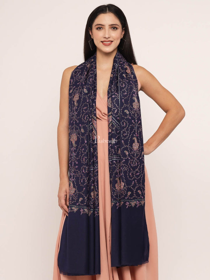 Pashtush India Womens Shawls Pashtush womens 100% Pure Wool with Woolmark Certificate shawl, 100% hand embroidery  design, Blue