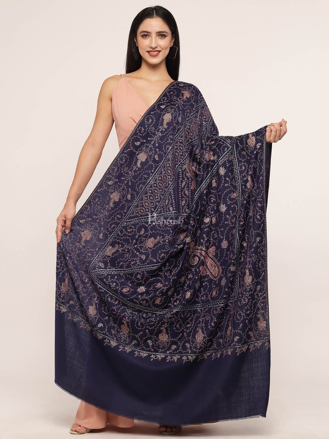 Pashtush India Womens Shawls Pashtush womens 100% Pure Wool with Woolmark Certificate shawl, 100% hand embroidery  design, Blue
