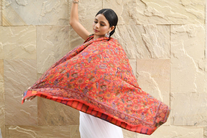 Pashtush India Womens Shawls Pashtush Womens 100% Pure Wool With Woolmark Certificate Shawl, Antique Kalamkari Weave, Aesthetic Woven Design, Red