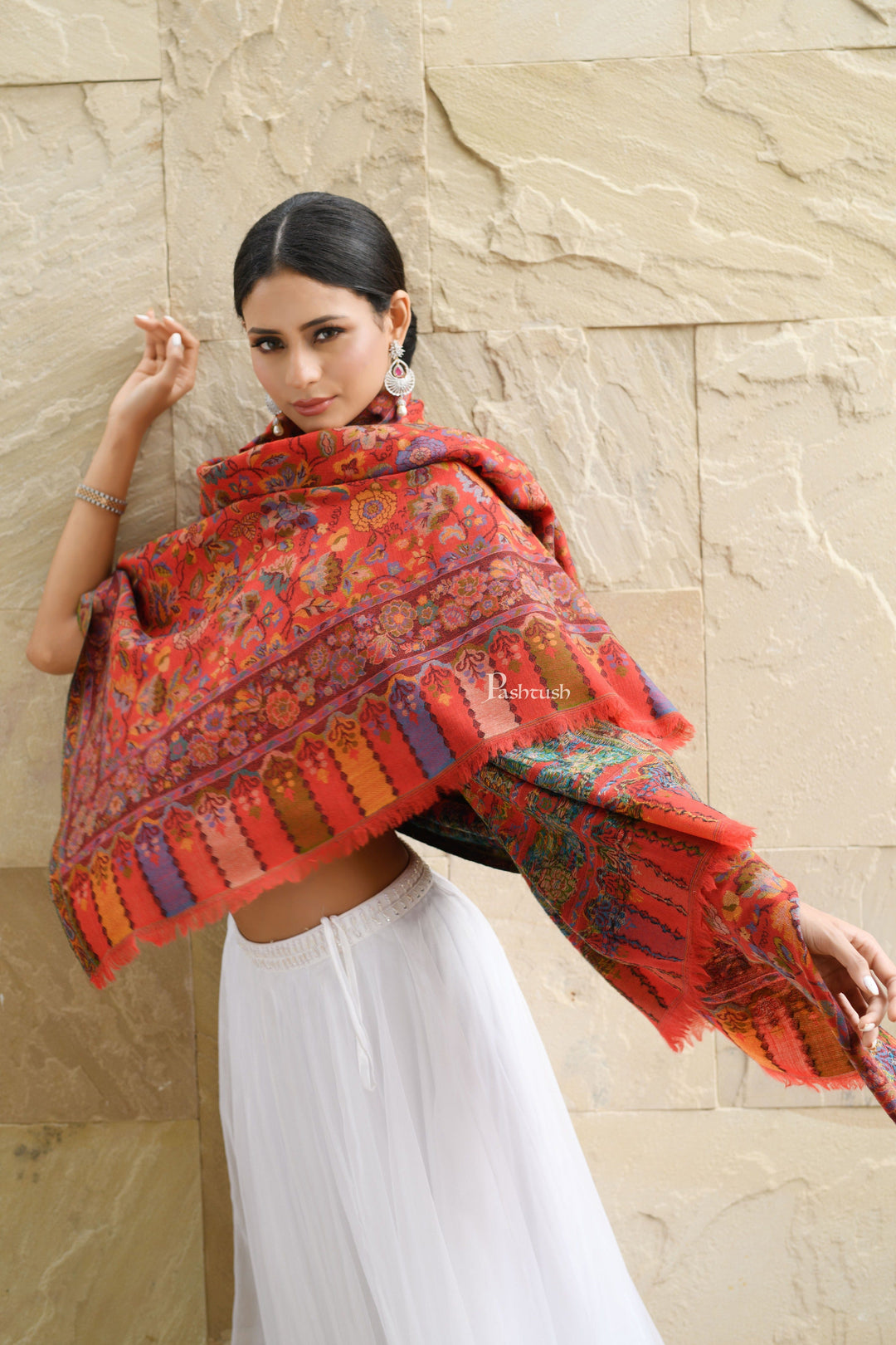 Pashtush India Womens Shawls Pashtush Womens 100% Pure Wool With Woolmark Certificate Shawl, Antique Kalamkari Weave, Aesthetic Woven Design, Red