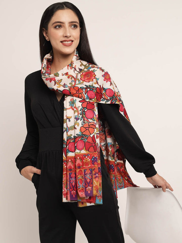 Pashtush India Womens Shawls Pashtush womens 100% Pure Wool with Woolmark Certificate shawl, ethnic nalki embroidery design, Multicolour