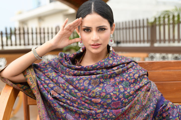 Pashtush India Womens Shawls Pashtush Womens 100% Pure Wool With Woolmark Certificate Shawl, Ethnic Weave Design, Blue