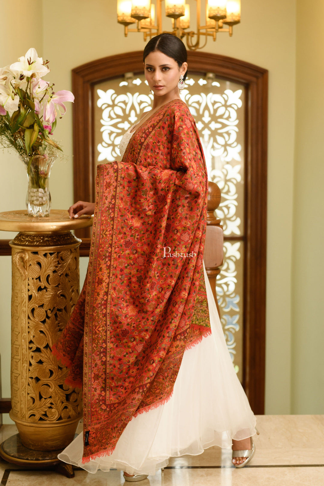 Pashtush India Womens Shawls Pashtush Womens 100% Pure Wool With Woolmark Certificate Shawl, Ethnic Weave Design, Red