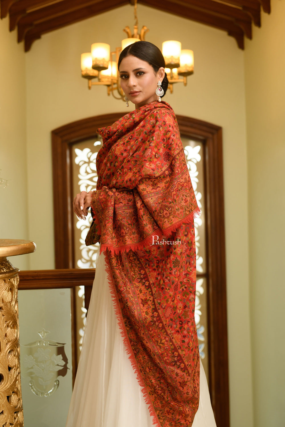 Pashtush India Womens Shawls Pashtush Womens 100% Pure Wool With Woolmark Certificate Shawl, Ethnic Weave Design, Red