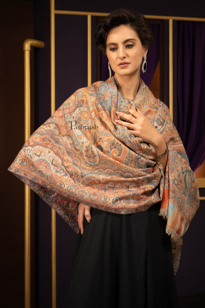 Pashtush India Womens Shawls Pashtush Womens 100% Pure Wool With Woolmark Certificate Shawl, Ethnic Weave Soft And Warm Design, Ivory