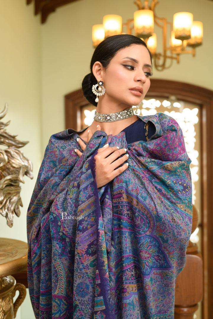 Pashtush India Womens Shawls Pashtush Womens 100% Pure Wool With Woolmark Certificate Shawl, Kalamkari Weave, Antique Aesthetic Woven Design, Blue