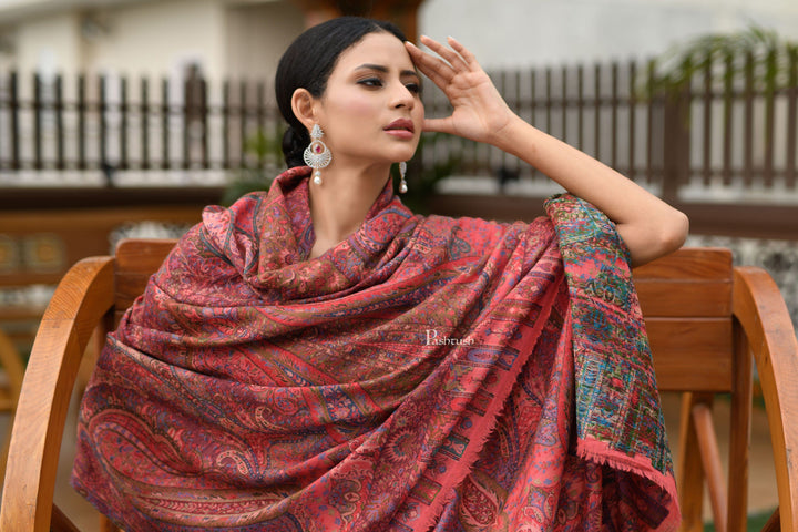Pashtush India Womens Shawls Pashtush Womens 100% Pure Wool With Woolmark Certificate Shawl, Kalamkari Weave, Antique Aesthetic Woven Design, Rose