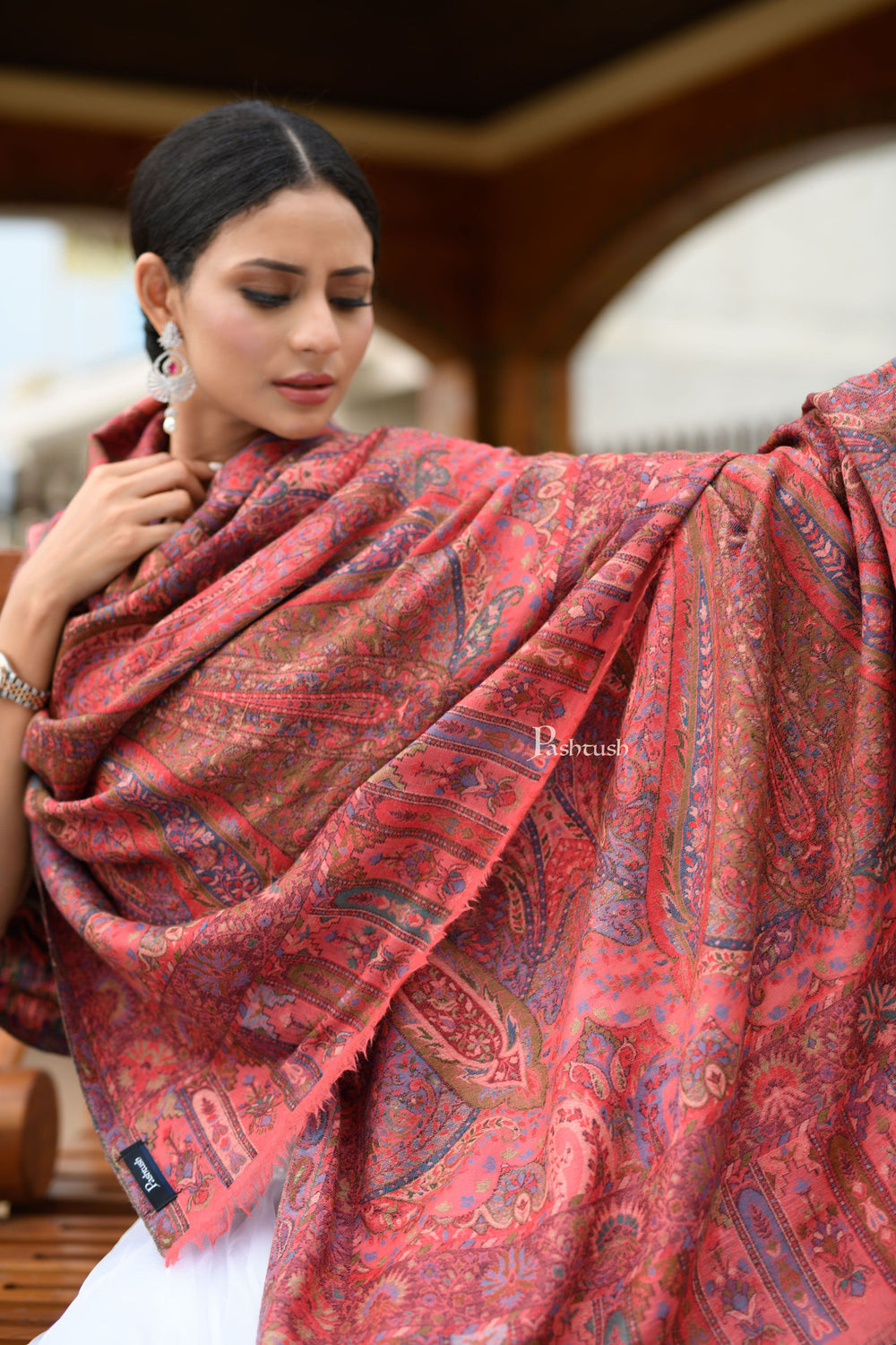 Pashtush India Womens Shawls Pashtush Womens 100% Pure Wool With Woolmark Certificate Shawl, Kalamkari Weave, Antique Aesthetic Woven Design, Rose