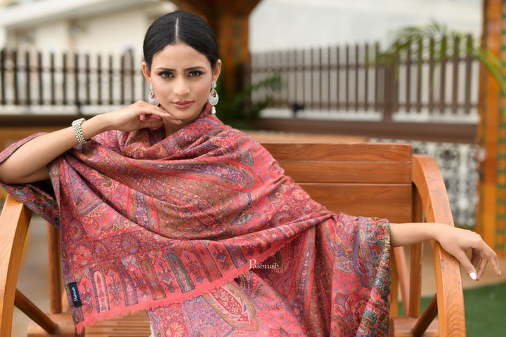 Pashtush India Womens Shawls Pashtush Womens 100% Pure Wool With Woolmark Certificate Shawl, Kalamkari Weave, Antique Aesthetic Woven Design, Rose