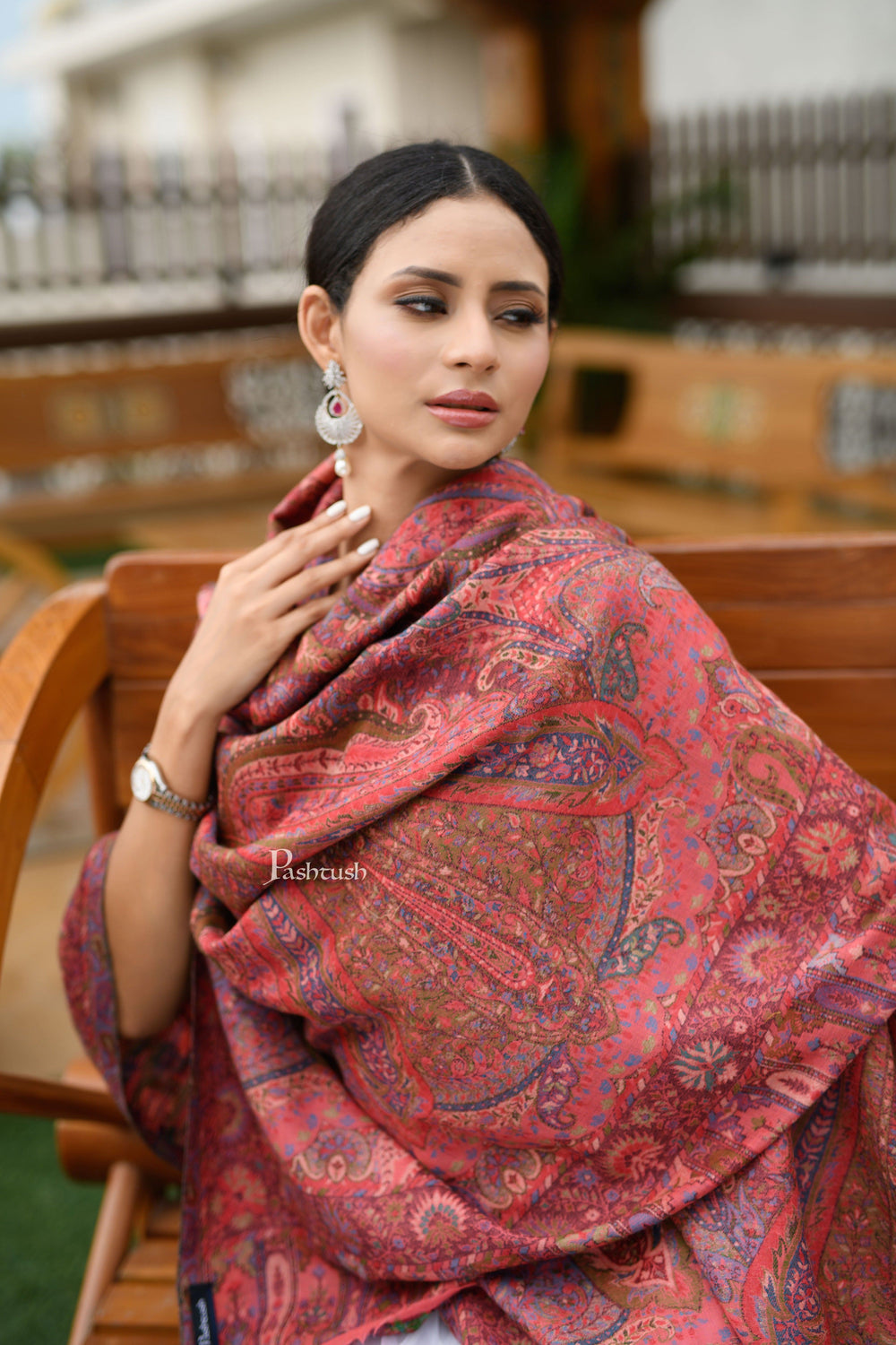 Pashtush India Womens Shawls Pashtush Womens 100% Pure Wool With Woolmark Certificate Shawl, Kalamkari Weave, Antique Aesthetic Woven Design, Rose