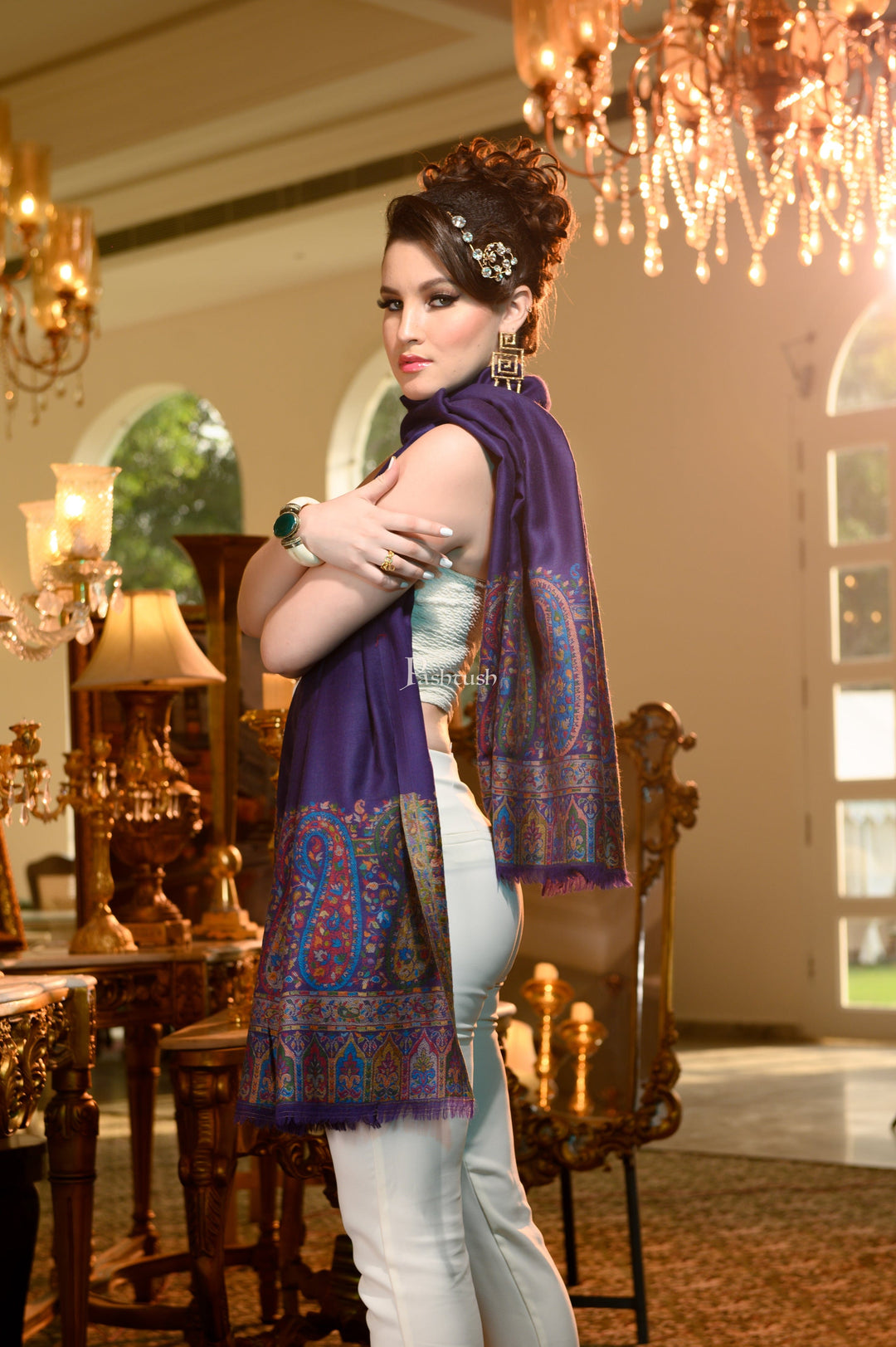 Pashtush India Womens Shawls Pashtush Womens 100% Pure Wool With Woolmark Certificate Shawl, Paisley Palla Design, Blue