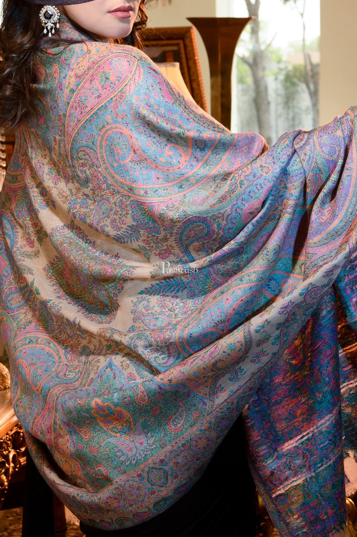 Pashtush India Womens Shawls Pashtush Womens 100% Pure Wool With Woolmark Certificate Shawl, Woven Kalamkari Weave Design, Beige