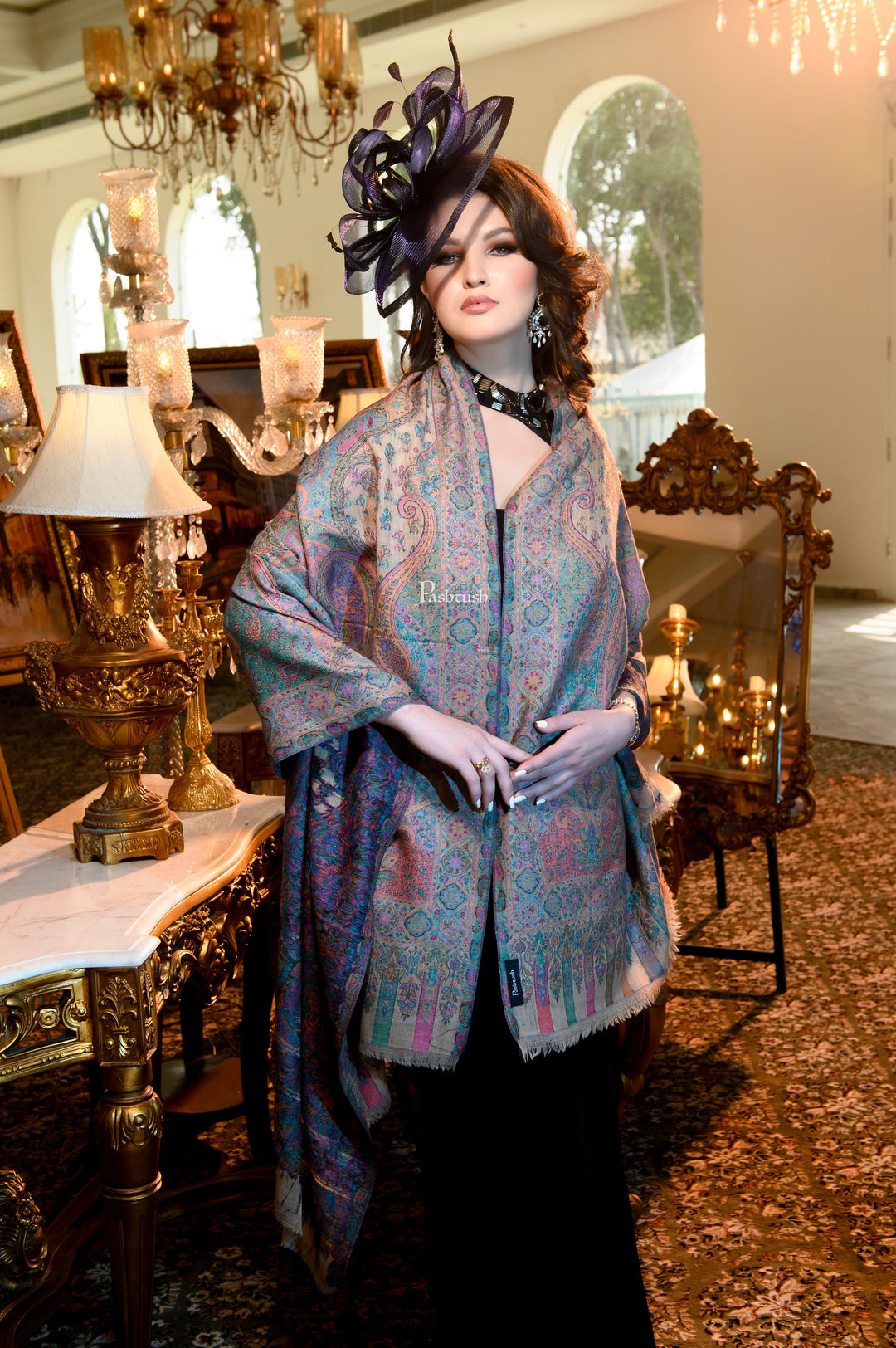 Pashtush India Womens Shawls Pashtush Womens 100% Pure Wool With Woolmark Certificate Shawl, Woven Kalamkari Weave Design, Beige
