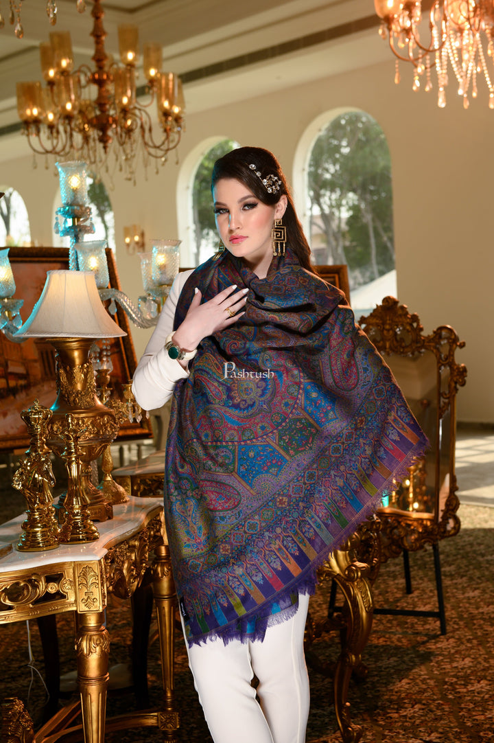 Pashtush India Womens Shawls Pashtush Womens 100% Pure Wool With Woolmark Certificate Shawl, Woven Kalamkari Weave Design, Blue
