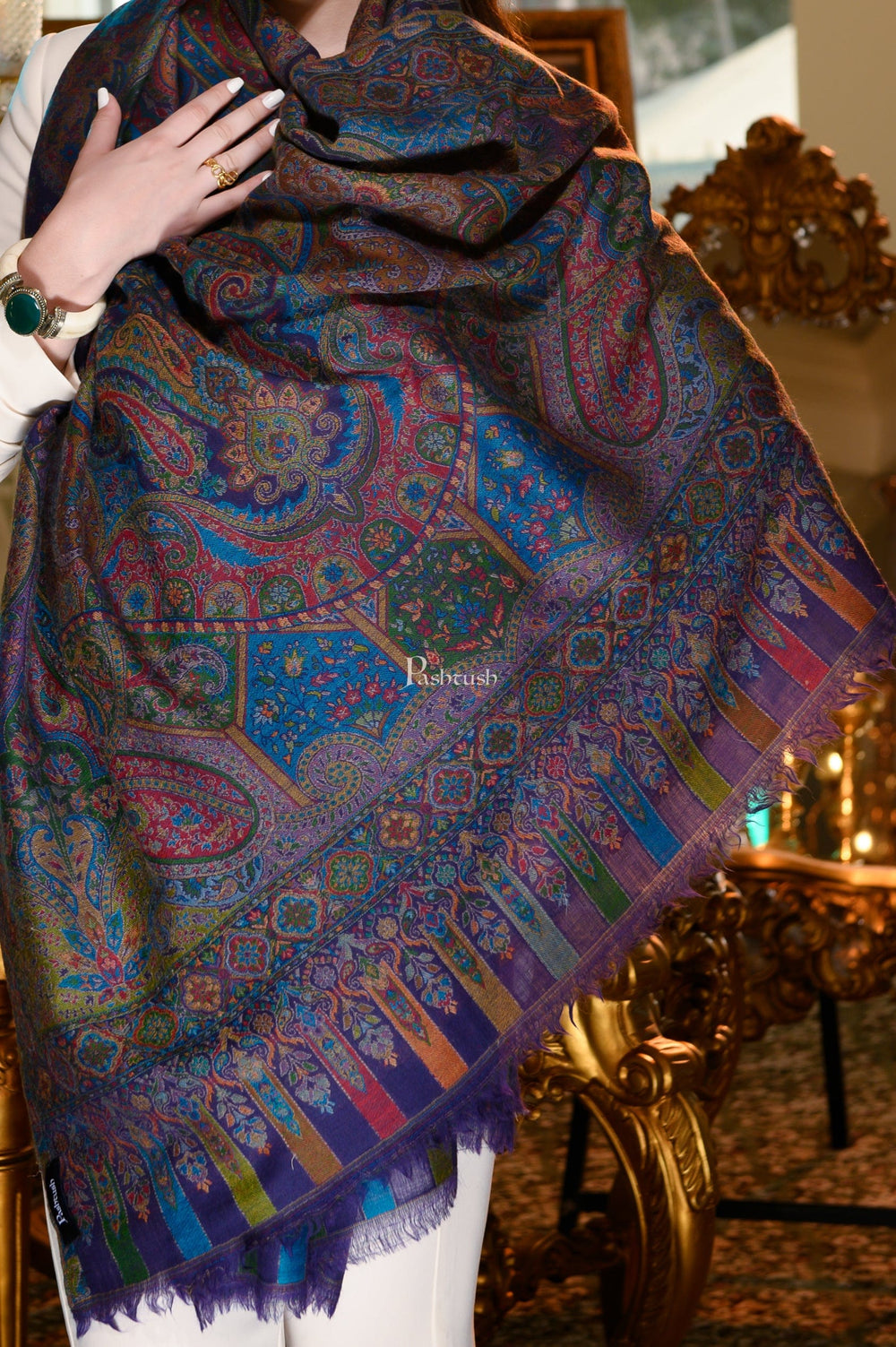 Pashtush India Womens Shawls Pashtush Womens 100% Pure Wool With Woolmark Certificate Shawl, Woven Kalamkari Weave Design, Blue