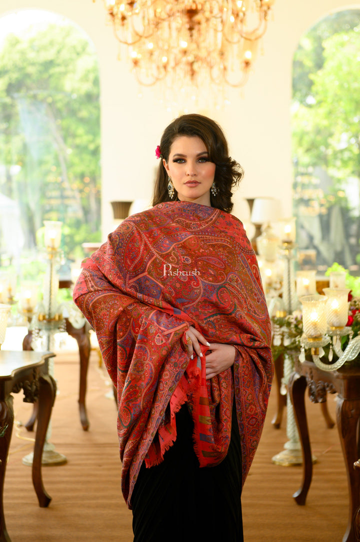 Pashtush India Womens Shawls Pashtush Womens 100% Pure Wool With Woolmark Certificate Shawl, Woven Kalamkari Weave Design, Rose