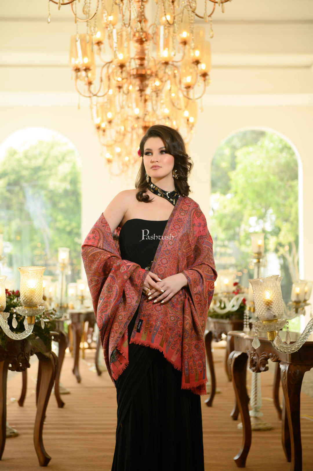 Pashtush India Womens Shawls Pashtush Womens 100% Pure Wool With Woolmark Certificate Shawl, Woven Kalamkari Weave Design, Rose