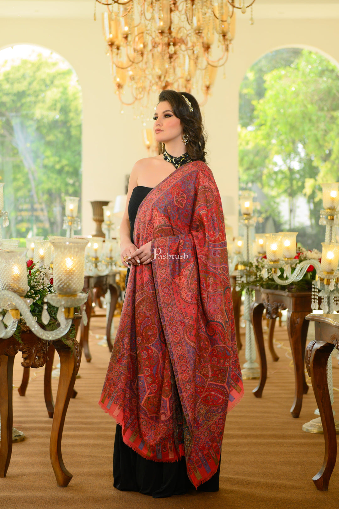 Pashtush India Womens Shawls Pashtush Womens 100% Pure Wool With Woolmark Certificate Shawl, Woven Kalamkari Weave Design, Rose