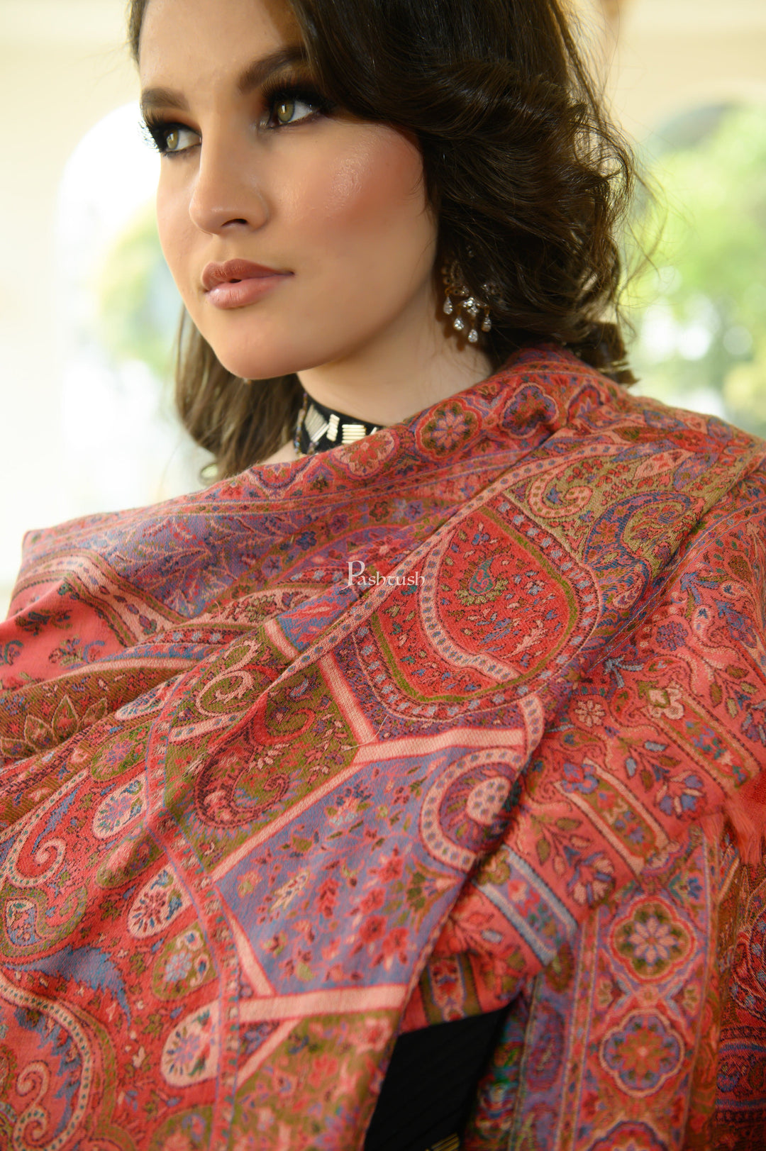Pashtush India Womens Shawls Pashtush Womens 100% Pure Wool With Woolmark Certificate Shawl, Woven Kalamkari Weave Design, Rose