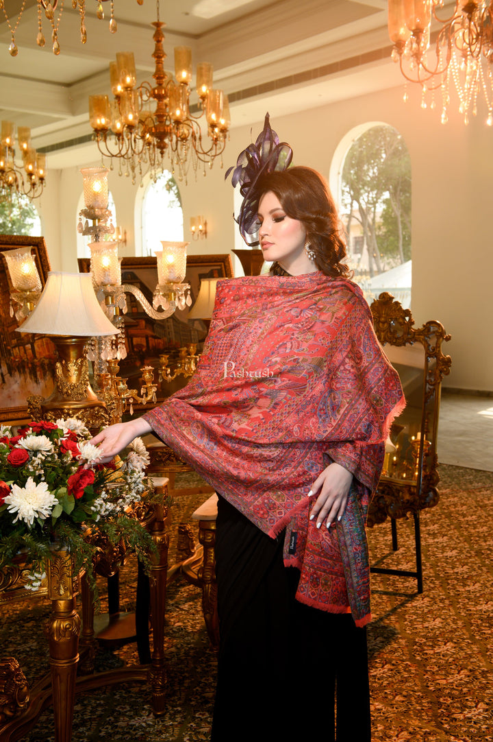 Pashtush India Womens Shawls Pashtush Womens 100% Pure Wool With Woolmark Certificate Shawl, Woven Weave Royal Doli Design, Rose