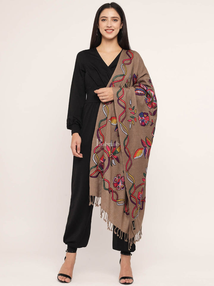 Pashtush India Womens Stoles and Scarves Scarf Pashtush womens 100% Pure Wool with Woolmark Certificate stole, 100% hand painted and nalki embroidery design, Taupe