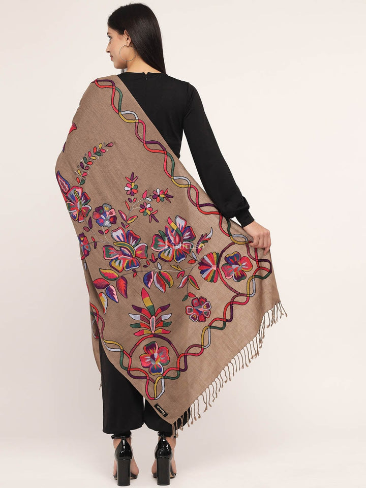 Pashtush India Womens Stoles and Scarves Scarf Pashtush womens 100% Pure Wool with Woolmark Certificate stole, 100% hand painted and nalki embroidery design, Taupe